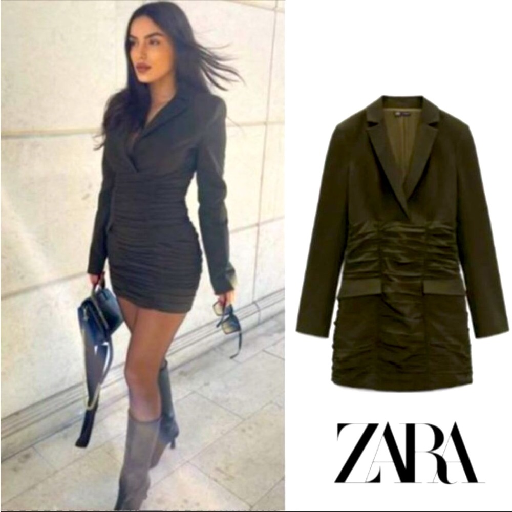 Zara Olive Green Rouched Plunge V Neck Blazer Dress NWT Small